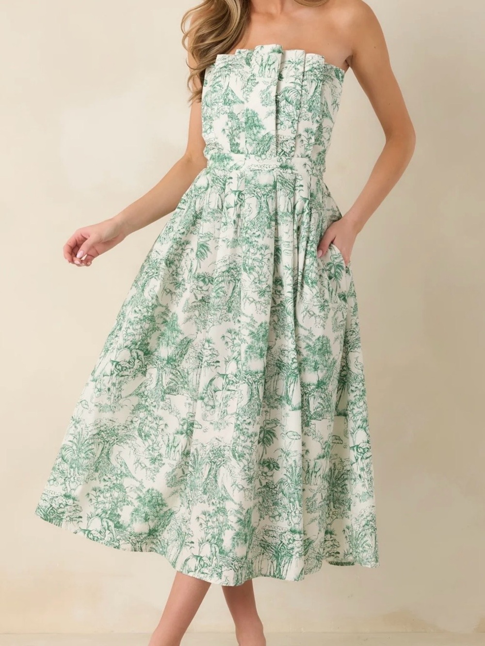 entro Strapless White and Green Toile Midi Dress